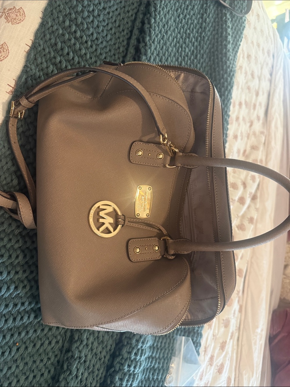 Michael Kors Taupe Saffiano Dome Satchel with Gold Hardware